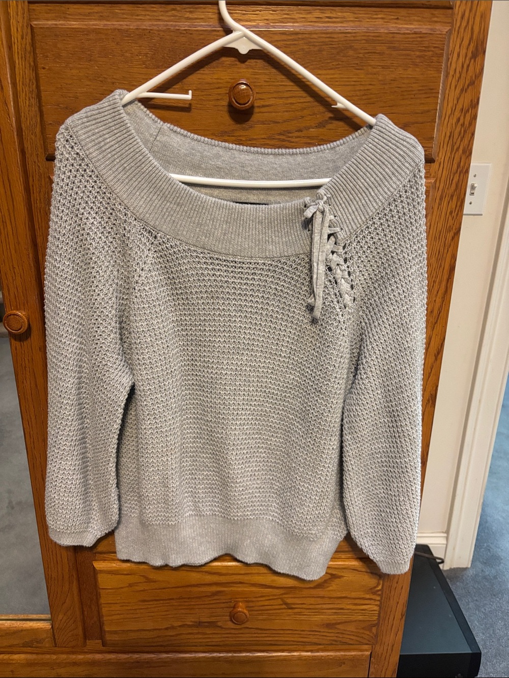 Express Light Gray Off-Shoulder Knit Sweater with Lace-Up Detail